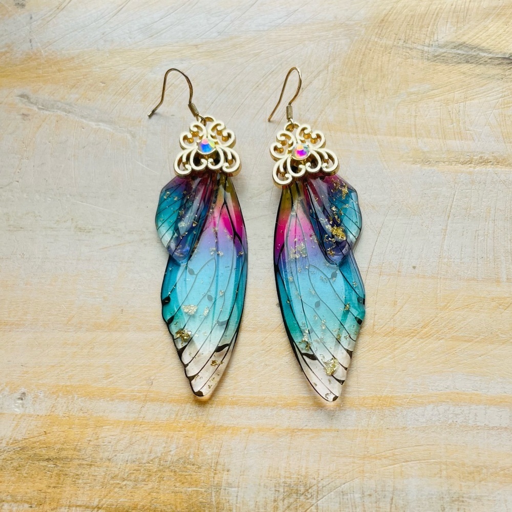 Handcrafted Blue-Pink Fairy Wing Drop Earrings - Gold Accent